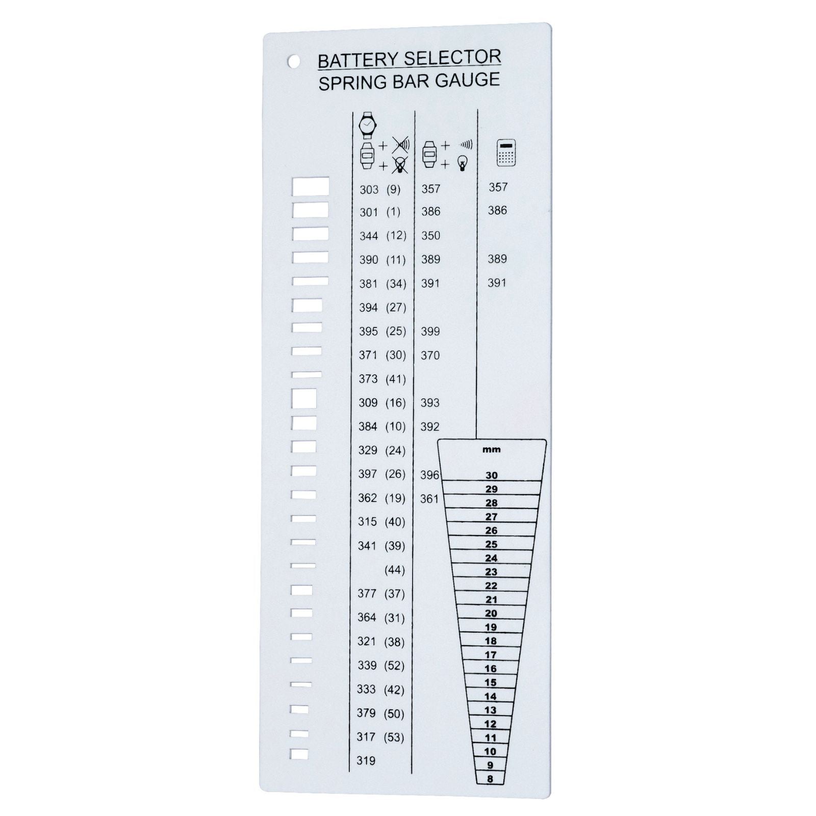 Battery size gauge chart & spring bar sizer guide selector watch repairs side